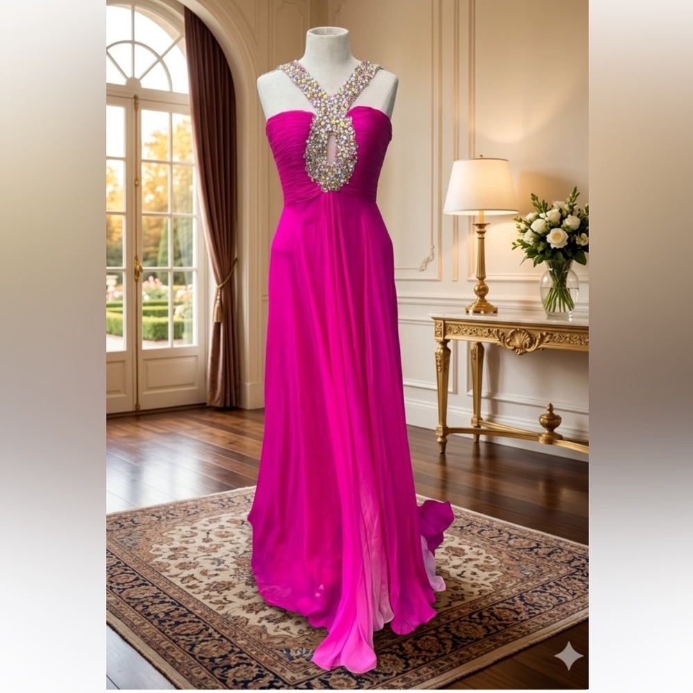 Sherri Hill Fuchsia Beaded Halter Maxi Gown